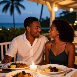 Caribbean Holidays, Martinique Honeymoons, A couple enjoying a romantic dinner at an outdoor restaurant in Martinique, with Creole dishes, candlelight and a warm evening atmosphere