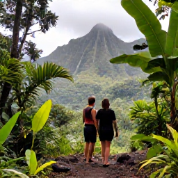 Caribbean Holidays, Martinique Honeymoons, A couple exploring a lush Martinique rainforest trail with waterfalls, tropical plants and volcanic mountain scenery