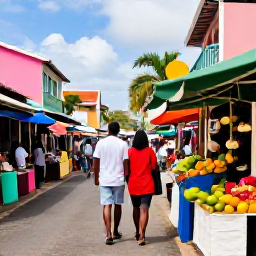 Caribbean Holidays, Martinique Honeymoons, A couple exploring colourful Fort-de-France streets and a traditional Martinique market, tropical fruit, flowers and local atmosphere