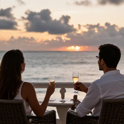 Caribbean Holidays, Martinique Honeymoons, A couple relaxing on a stylish Martinique hotel terrace overlooking the sea at sunset, glasses of sparkling wine, understated romantic atmosphere