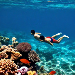 Caribbean Holidays, Martinique Honeymoons, A couple swimming in clear shallow water beside a colourful coral reef in Martinique, tropical fish, bright but realistic underwater travel photograph