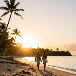 Caribbean Holidays, Martinique Honeymoons, A couple walking hand in hand along a quiet tropical beach in Martinique at sunset, warm Caribbean light, relaxed and natural travel photography