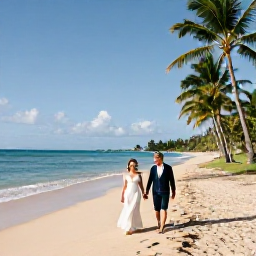 Caribbean Holidays, Martinique Honeymoons, A newlywed couple walking hand in hand along a quiet Martinique beach in warm January sunshine, turquoise sea and palm trees