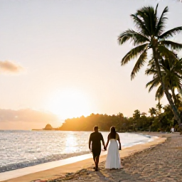 Caribbean Holidays, Martinique Honeymoons, A newlywed couple walking hand in hand along a quiet tropical beach in Martinique at sunset, with palm trees and calm Caribbean water