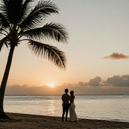 Caribbean Holidays, Martinique Honeymoons, A newlywed couple watching the sunset from a quiet Martinique beach, palm silhouettes, soft golden sky and calm Caribbean water