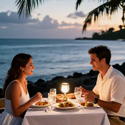 Caribbean Holidays, Martinique Honeymoons, A romantic dinner for two at a Martinique seaside restaurant, Creole dishes on the table, gentle evening light and a relaxed coastal setting
