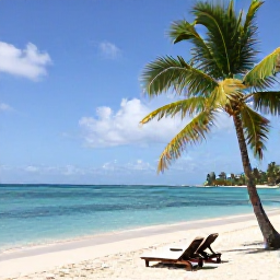 Caribbean Holidays, Martinique Honeymoons, A secluded white-sand beach and clear turquoise water in Martinique, palm trees, two sun loungers and a calm romantic atmosphere