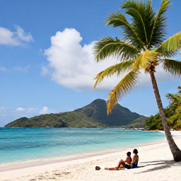 Caribbean Holidays, Martinique Honeymoons, A secluded white-sand beach in Martinique with turquoise water, green hills and a couple relaxing beneath a palm tree