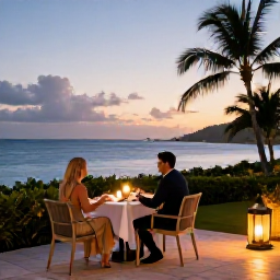 Caribbean Holidays, Martinique Honeymoons, An elegant Martinique hotel terrace overlooking the Caribbean Sea at dusk, a couple enjoying a quiet dinner with soft lantern light