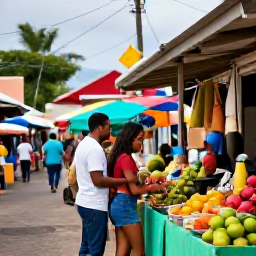 Caribbean Holidays, Martinique Honeymoons, Colourful streets and market stalls in Fort-de-France, Martinique, with a couple browsing tropical fruit and spices