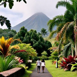 Caribbean Holidays, Martinique Honeymoons, Couple exploring a lush tropical garden near Mount Pel&eacute;e in Martinique, green forest paths, dramatic volcanic mountain in the distance