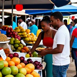 Caribbean Holidays, Martinique Honeymoons, Couple exploring Fort-de-France market in Martinique, colourful fruit stalls, spices and lively local atmosphere