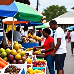 Caribbean Holidays, Martinique Honeymoons, Couple exploring Fort-de-France market in Martinique, colourful tropical fruit, spices and local crafts in a lively street scene