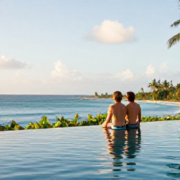 Caribbean Holidays, Martinique Honeymoons, Couple relaxing beside an infinity pool overlooking a tropical Martinique coastline in warm April sunshine