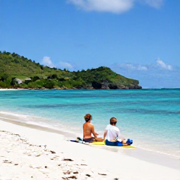 Caribbean Holidays, Martinique Honeymoons, Couple relaxing on a beautiful Martinique beach in July, clear Caribbean water, soft white sand and green hills