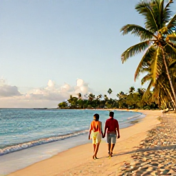 Caribbean Holidays, Martinique Honeymoons, Couple walking hand in hand along a quiet Martinique beach at sunrise, with turquoise water and palm trees