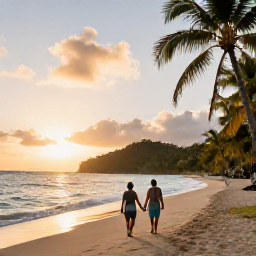Caribbean Holidays, Martinique Honeymoons, Couple walking hand in hand along a quiet Martinique beach at sunset, tropical sea and palm trees