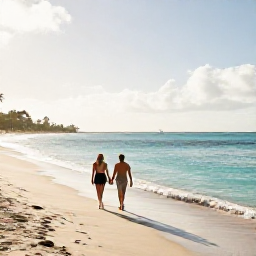 Caribbean Holidays, Martinique Honeymoons, Couple walking hand in hand along a quiet Martinique beach in March, turquoise sea and soft morning sunlight