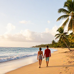 Caribbean Holidays, Martinique Honeymoons, Couple walking hand in hand along a quiet tropical beach in Martinique at sunrise, gentle waves and palm trees