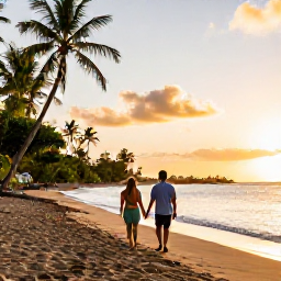 Caribbean Holidays, Martinique Honeymoons, Couple walking hand in hand along a quiet tropical beach in Martinique at sunset, warm natural light, Caribbean scenery