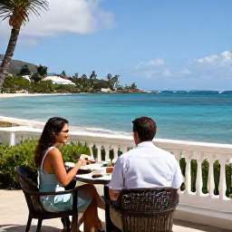 Caribbean Holidays, Martinique Honeymoons, Elegant beachfront hotel terrace in Martinique with a honeymoon couple enjoying breakfast overlooking the sea