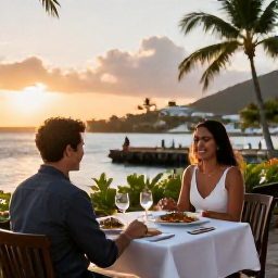 Caribbean Holidays, Martinique Honeymoons, Elegant couple dining at a waterfront restaurant in Martinique at sunset, Creole dishes and French-inspired setting