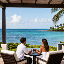 Caribbean Holidays, Martinique Honeymoons, Elegant honeymoon hotel in Martinique with couple enjoying a private terrace overlooking the Caribbean Sea