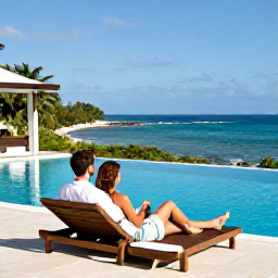 Caribbean Holidays, Martinique Honeymoons, Elegant honeymoon hotel terrace in Martinique overlooking the Caribbean Sea, couple relaxing beside an infinity pool in January sunshine