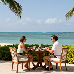 Caribbean Holidays, Martinique Honeymoons, Elegant Martinique beachfront resort in May sunshine, couple enjoying breakfast on a private terrace