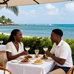 Caribbean Holidays, Martinique Honeymoons, Elegant Martinique restaurant terrace overlooking the sea, local Creole dishes and French-inspired cuisine prepared for two