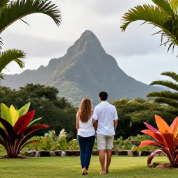 Caribbean Holidays, Martinique Honeymoons, Honeymoon couple exploring the lush Jardin de Balata in Martinique, tropical plants and mountain views