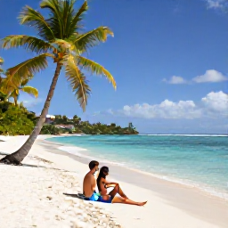 Caribbean Holidays, Martinique Honeymoons, Honeymoon couple relaxing on a white sandy beach in Martinique, palm trees and clear Caribbean water