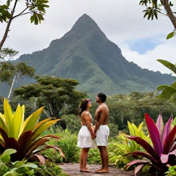Caribbean Holidays, Martinique Honeymoons, Newlywed couple exploring lush Martinique rainforest near a waterfall, tropical plants and volcanic mountain scenery