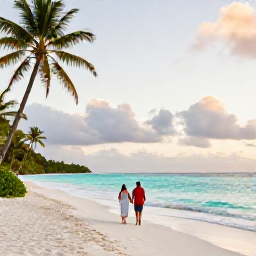 Caribbean Holidays, Martinique Honeymoons, Newlywed couple walking along a quiet Martinique beach at sunset, turquoise sea and palm trees