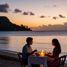 Caribbean Holidays, Martinique Honeymoons, Romantic beachfront dinner for two in Martinique at sunset, with local dishes, candles and a calm sea