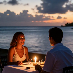 Caribbean Holidays, Martinique Honeymoons, Romantic couple sharing a candlelit dinner beside the sea in Martinique, warm evening atmosphere