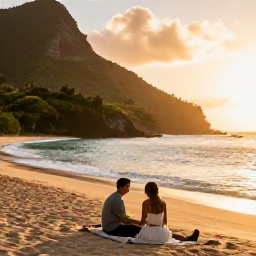 Caribbean Holidays, Martinique Honeymoons, Romantic Martinique coastline with secluded sandy beach, lush green hills and a couple sharing a quiet sunset picnic