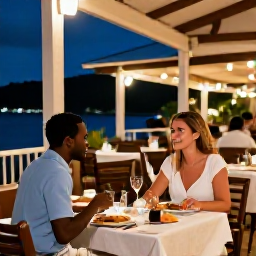 Caribbean Holidays, Martinique Honeymoons, Romantic Martinique evening in Fort-de-France with a couple dining at an outdoor restaurant, warm lights and local cuisine