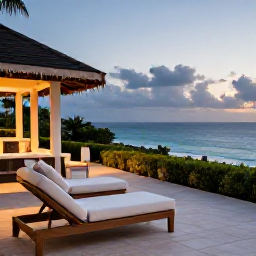 Caribbean Holidays, Martinique Honeymoons, Romantic Martinique hotel terrace overlooking the Caribbean Sea at dusk, comfortable loungers and warm evening light