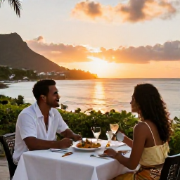 Caribbean Holidays, Martinique Honeymoons, Romantic Martinique restaurant at sunset with a couple dining outdoors, Creole dishes and sea view
