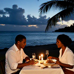 Caribbean Holidays, Martinique Honeymoons, Romantic open-air dinner for two at a Martinique seaside restaurant, local seafood, candles and gentle evening light