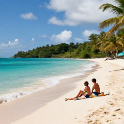 Caribbean Holidays, Martinique Honeymoons, Secluded Martinique beach with turquoise water, soft sand, tropical vegetation and a couple sharing a picnic