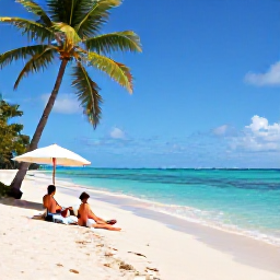 Caribbean Holidays, Martinique Honeymoons, Secluded palm-fringed beach in southern Martinique with turquoise water, soft sand and a couple relaxing beneath a parasol