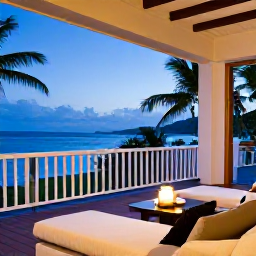 Caribbean Holidays, Martinique Honeymoons, Stylish honeymoon hotel in Martinique with private balcony, tropical garden and ocean view, calm evening atmosphere