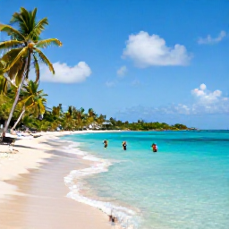 Caribbean Holidays, Martinique in April, Turquoise Caribbean sea, palm-fringed beach and snorkellers in Martinique