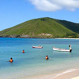 Caribbean Holidays, Martinique in February, A quiet Martinique coastal bay with clear water, snorkellers, green hills and a small fishing boat