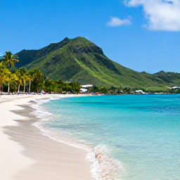 Caribbean Holidays, Martinique in February, A sunny Martinique beach in February with turquoise water, green hills and a few palm trees