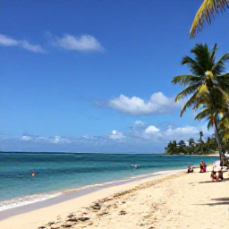 Caribbean Holidays, Martinique in February, A sunny Martinique beach in February with turquoise water, palm trees and a few relaxed visitors