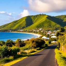 Caribbean Holidays, Martinique in February, Scenic Martinique coastal road and lush green hills near a quiet fishing village, photographed in warm February sunshine
