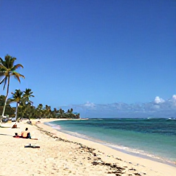 Caribbean Holidays, Martinique in February, Sunny Martinique beach in February with calm turquoise water, palm trees and a few relaxed visitors enjoying the shoreline